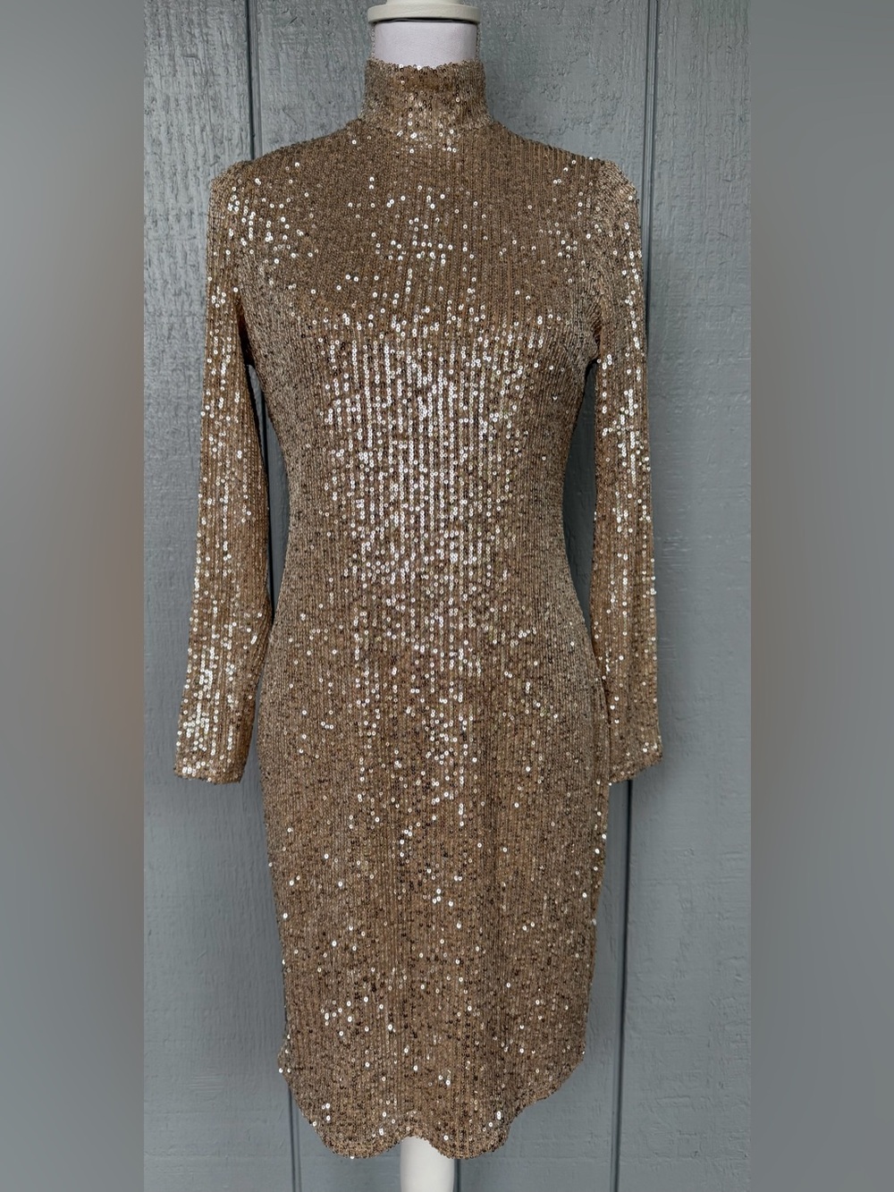 The Limited gold/champagne full Sequin Mock Neck Long Sleeve lined Dress